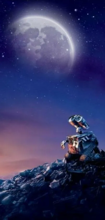 Robot gazing at the moon under a starry night sky mobile wallpaper.