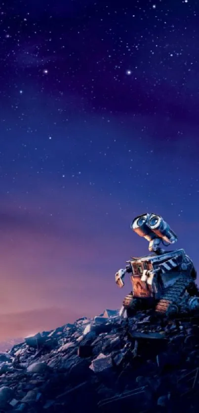 Robot gazes at stars under a midnight blue sky, ideal phone wallpaper.