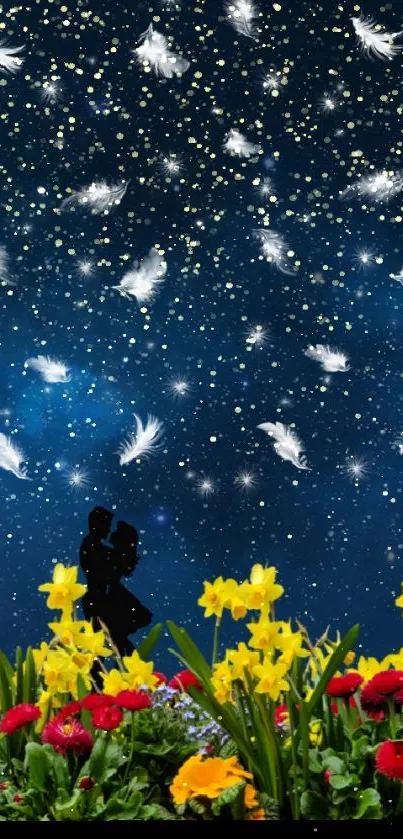 Romantic silhouette under starry night with flowers and feathers.