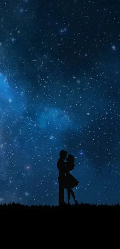 Romantic silhouette under a starry night sky wallpaper.