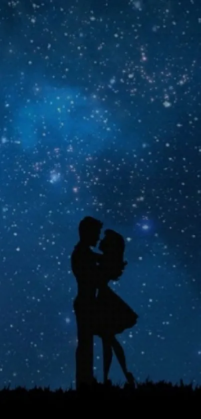 Silhouette couple under a starry night sky with dark blue tones.