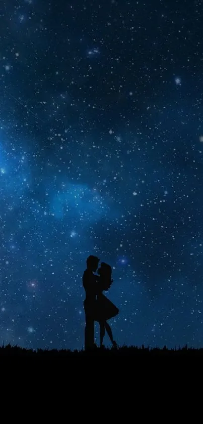 Silhouette of a couple under a starry night sky with a lone tree.