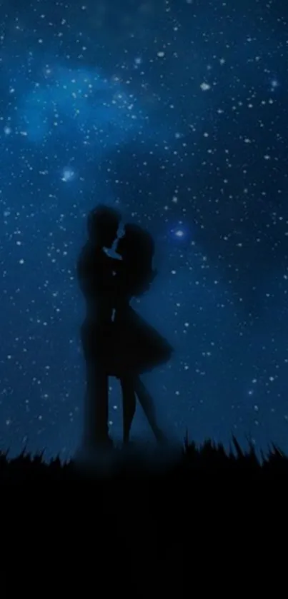 Romantic silhouette of a couple kissing under a starry night sky.