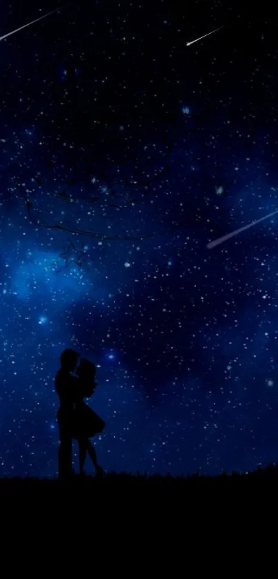 Romantic silhouette under starry night sky with tree.