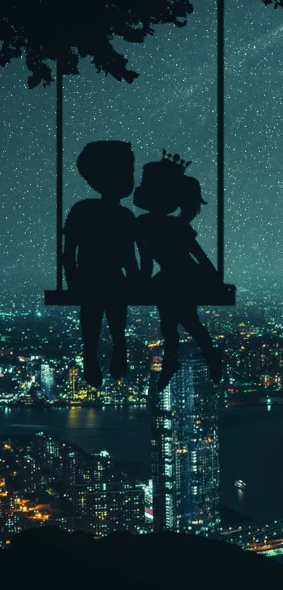 Silhouette couple on swing under starry night sky with city view.