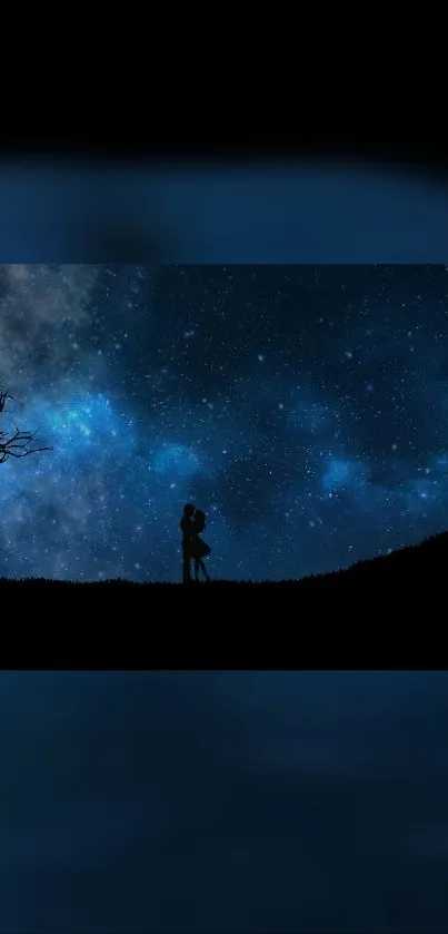 Silhouette couple under a starry night sky with cosmic hues and serene ambiance.