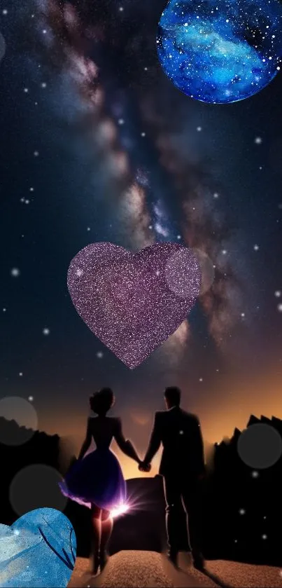 Silhouetted couple under starry sky with galaxy hearts.