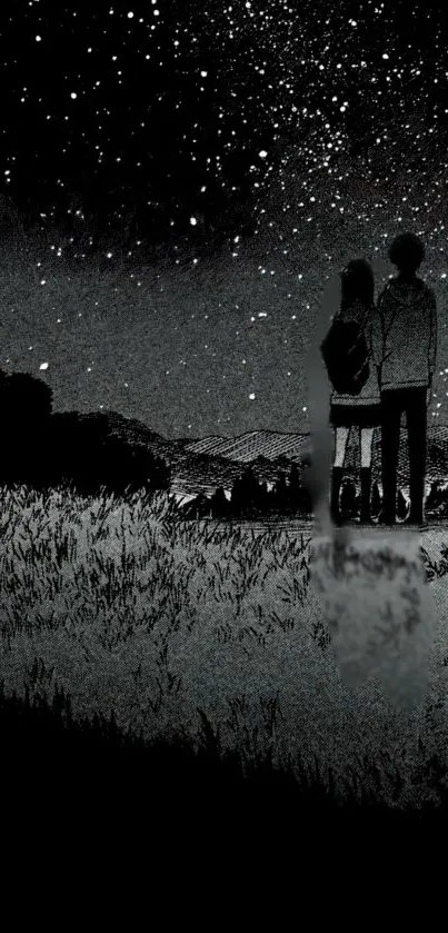 Couple under a starry night sky in black-and-white digital artwork.