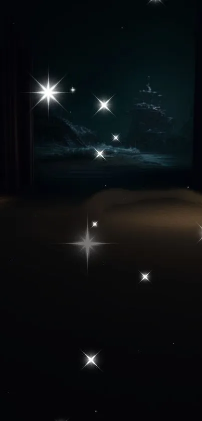 Dimly lit room with starry night view.