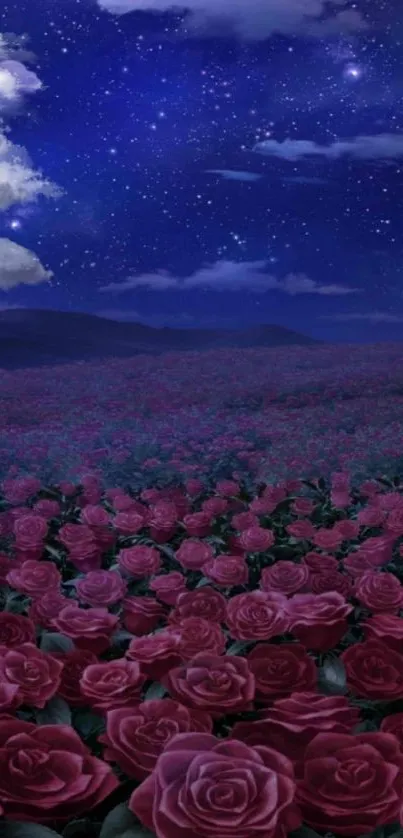 Starry night sky over a field of pink roses showcasing tranquility.