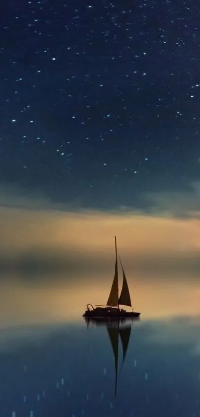 A sailboat under a tranquil, starry night sky with a serene water reflection.