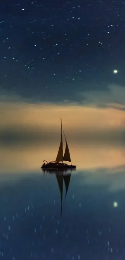 Sailboat under a starry night sky reflecting on calm water.