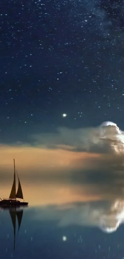 Sailboat under a starry night sky reflecting on calm ocean waters.