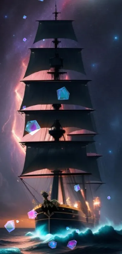 Majestic ship sailing under starry sky and galaxy.