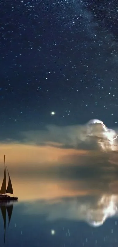 Sailboat at night with stars and reflection on tranquil water.