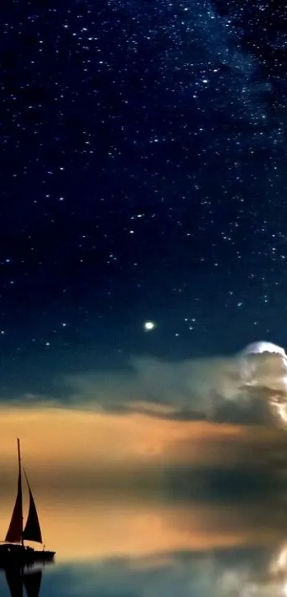 Sailboat beneath a starry night sky reflecting on calm waters.