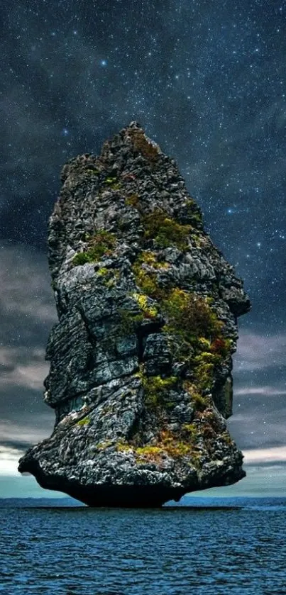 Starry night over ocean with towering rock.