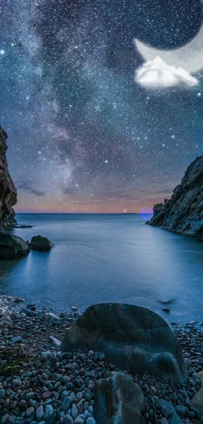 Starry night ocean view with crescent moon and serene seascape.