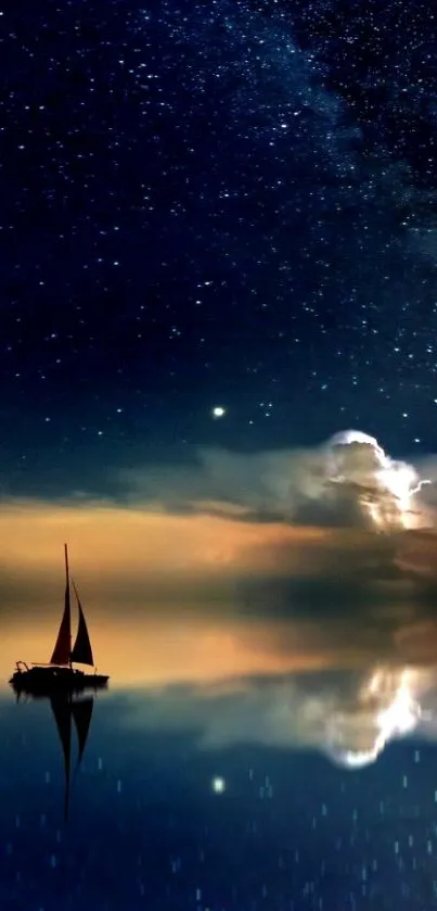 Sailing under a starry night with reflections on calm water.