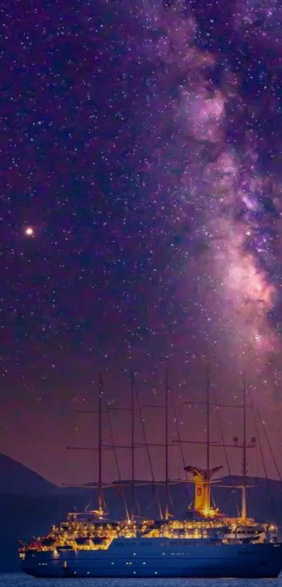 Majestic ship under a starry sky with Milky Way views.