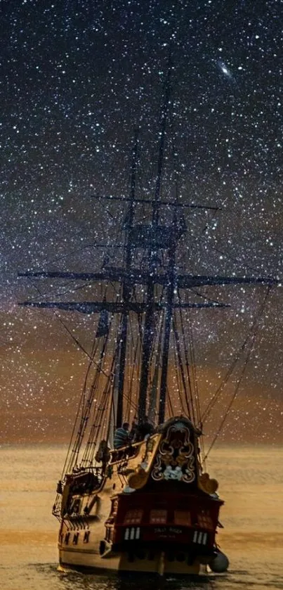 Lone ship on calm ocean under starry night sky.