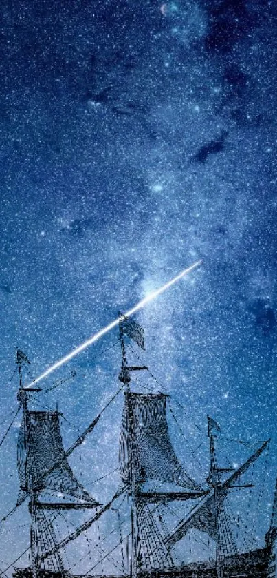 Silhouetted ship under a starry night sky with shooting star.