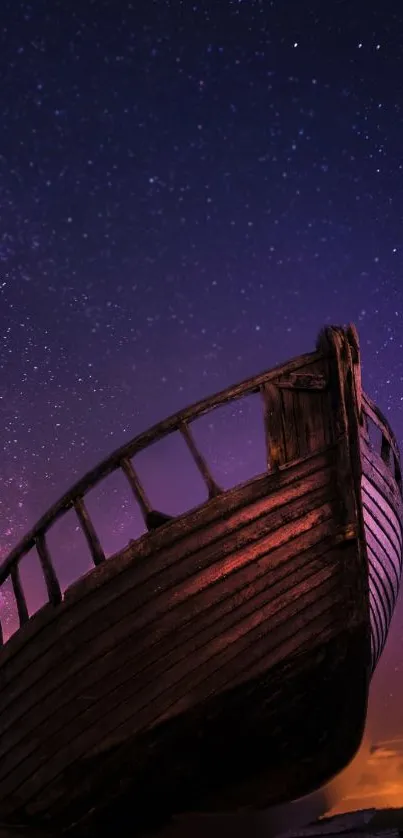 Old ship beneath a purple starry night sky, exuding serenity and timeless beauty.