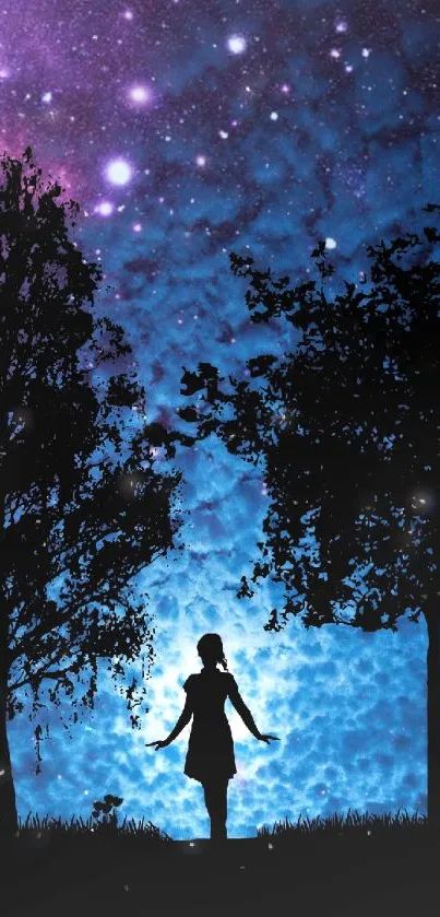 Silhouette under a starry blue and purple night sky.