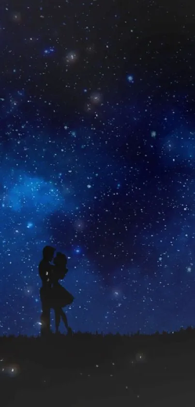 Romantic silhouette under a starry night sky with a tree.