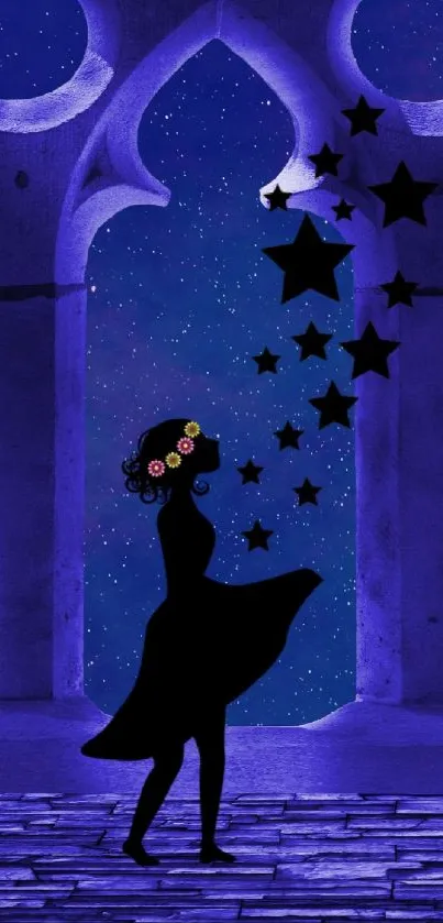 Silhouette with stars on a purple starry night sky wallpaper.