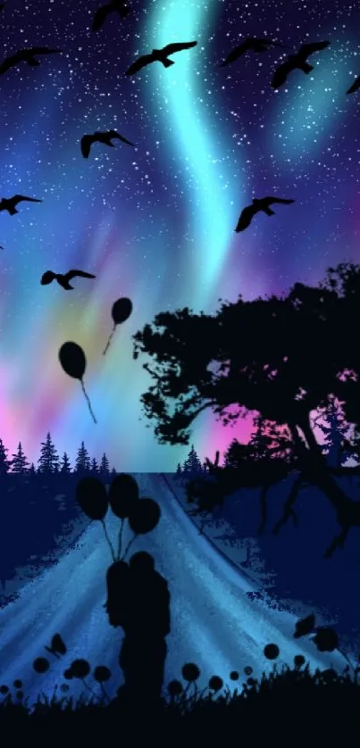 Silhouette art with a starry sky and northern lights.