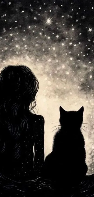 Silhouette of woman and cat under a starry sky.