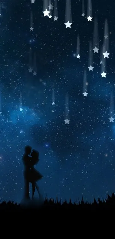 Couple silhouette under starry night sky with falling stars.