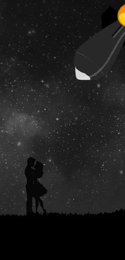 Couple's silhouette under starry sky with cosmic background.