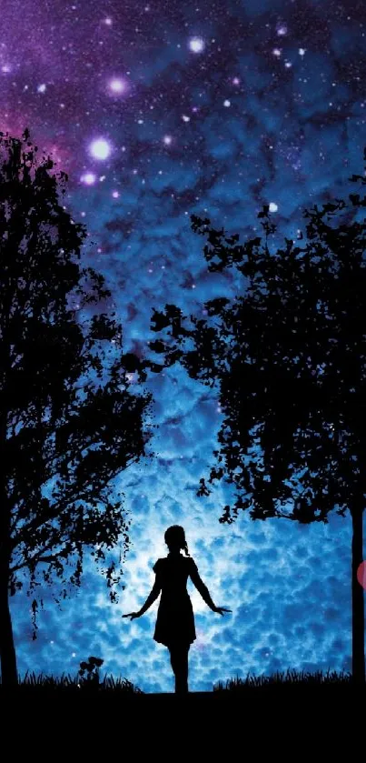 Silhouette landscape with starry night sky and trees.