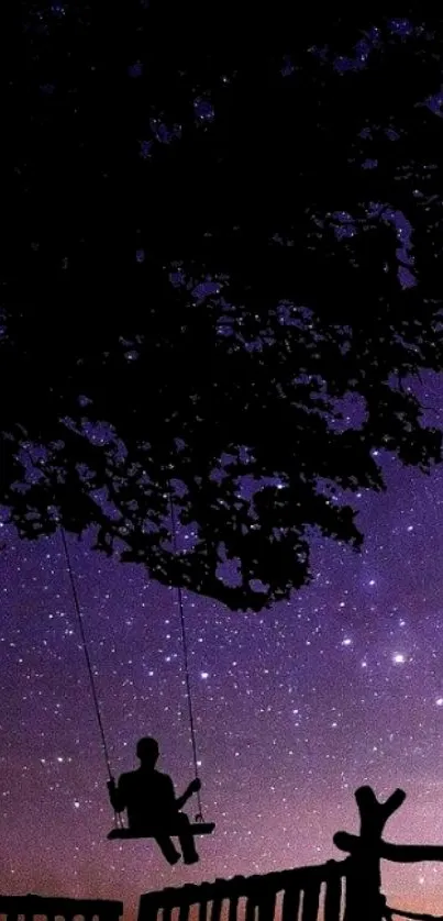 Silhouette of a child on a swing under a starry purple sky.