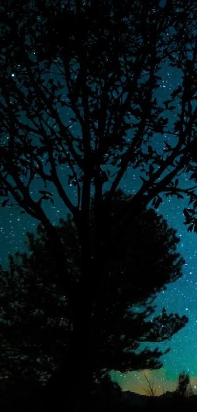 Starry night sky with tree silhouette mobile wallpaper.