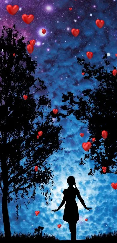 Silhouette under starry sky with red hearts floating in a blue night background.