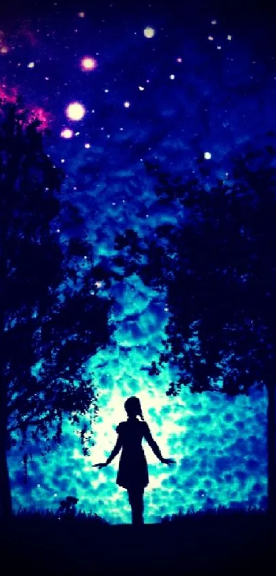 Silhouette under starry night sky with trees.