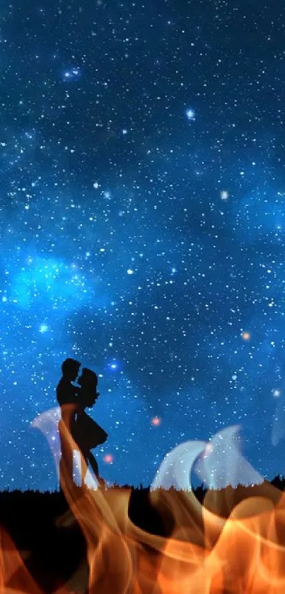 Couple silhouette under starry night sky wallpaper.