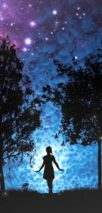 Silhouette of a girl between trees under a starry night sky.