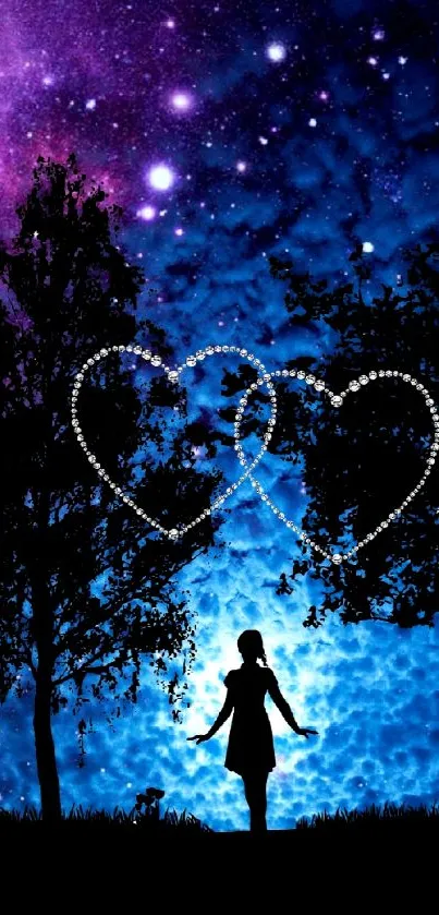 Silhouette under a starry night sky with heart patterns.