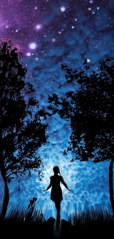 Silhouette of person beneath starry night sky and trees.