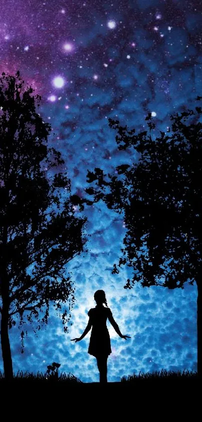 Silhouette of girl beneath starry night sky between two trees.