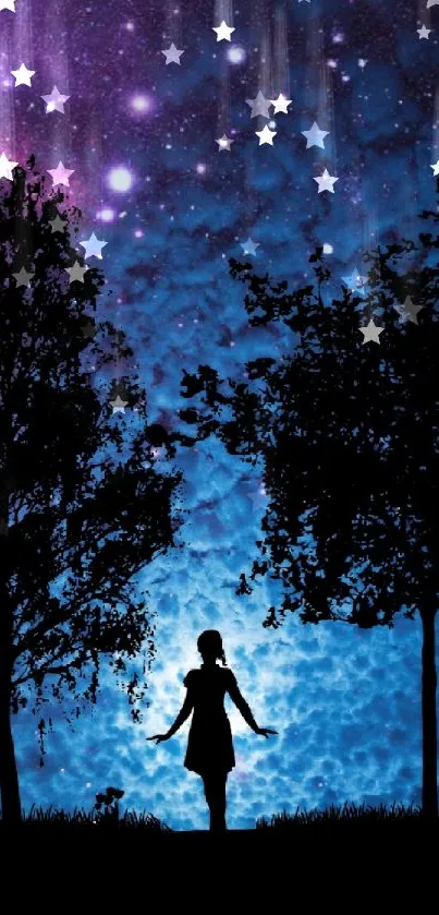 Silhouette of girl under starry night sky with trees.