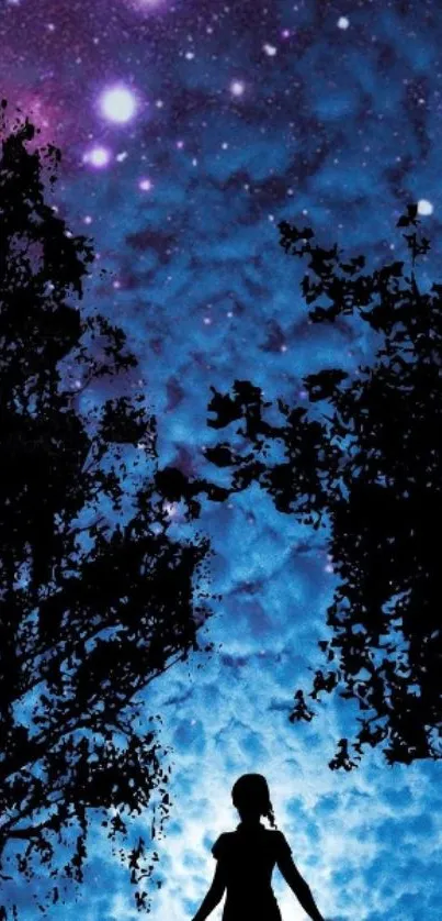 Silhouette of a person under a starry blue night sky with trees on each side.