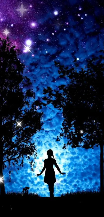 Silhouette of a girl under a starry blue night sky.