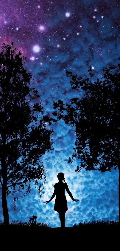 Silhouette of a girl under a starry night sky with purple and blue hues.