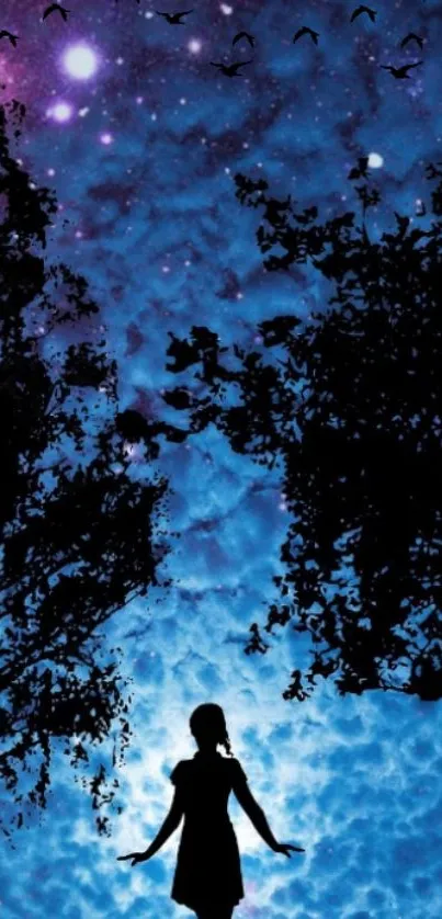 Silhouette of a girl under a starry night sky with trees and deep blue colors.