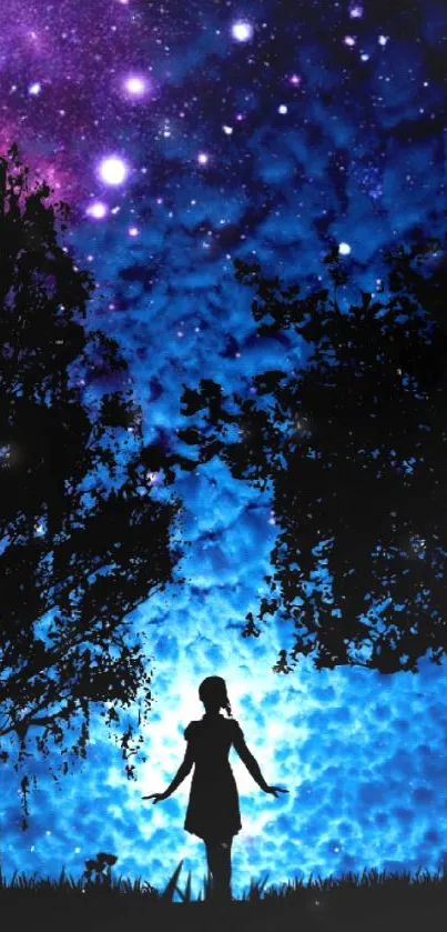 Silhouette under starry night sky with trees.